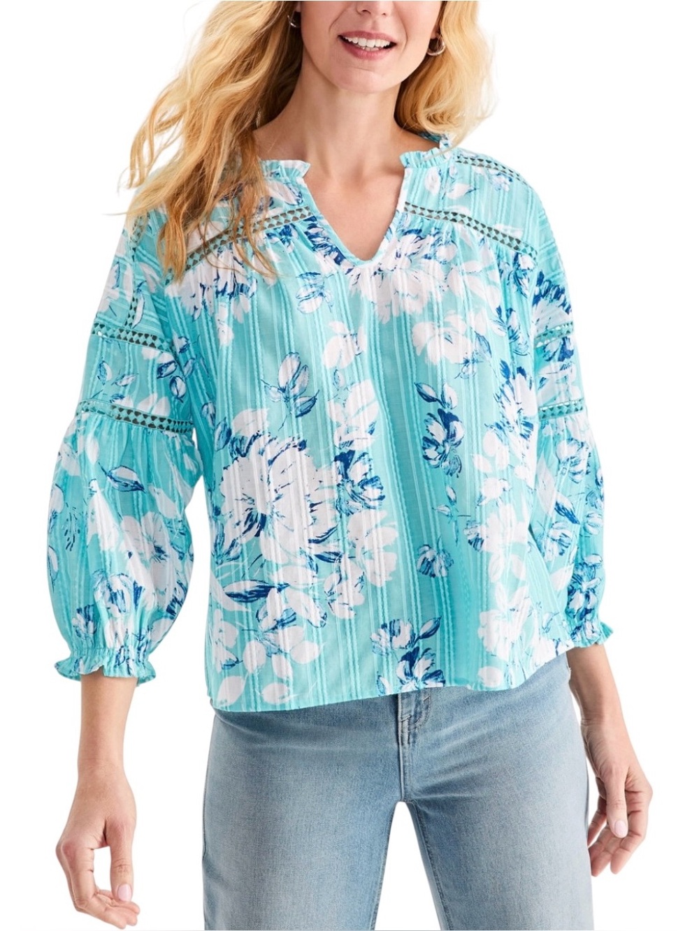 Style & Co. Women's Cotton Floral Print Embroidered 3/4-Sleeve Top Blouse XL